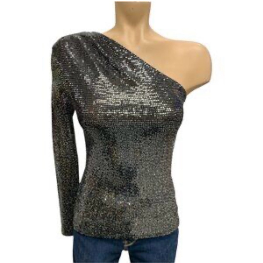 One-Shoulder Long Sleeve Sequin Top - Black